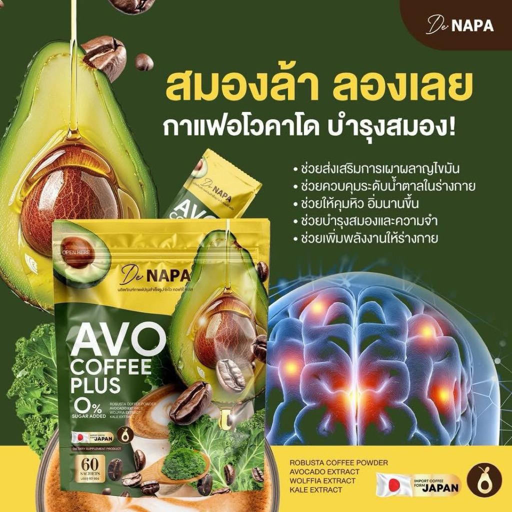 โปร 1 ห่อ 60 ซอง NAPA AVO Coffee กาแฟซุปเปอร์ฟู้ดโปรตีนสูง ใยอาหารสูง ดีต่อสุข