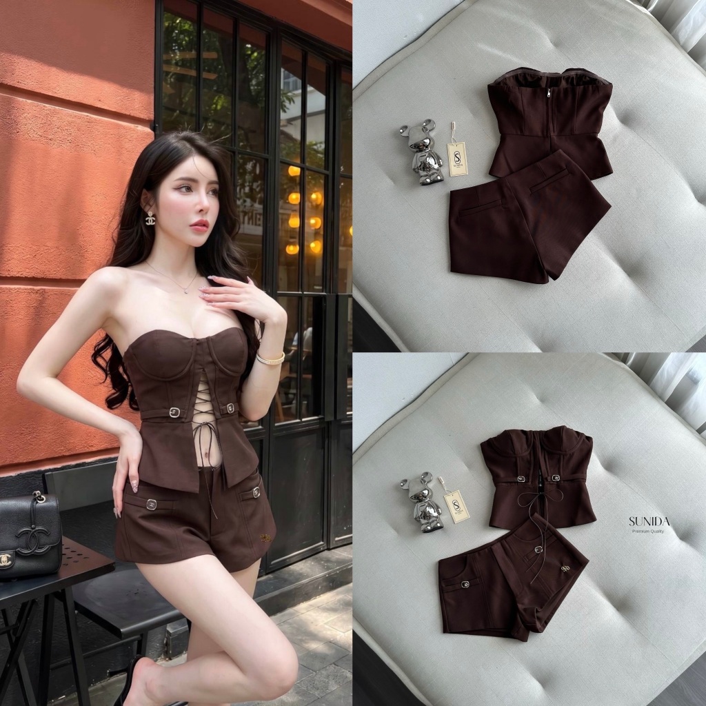 SUNIDA Setเสื้อเกาะอกอกเสริมฟองสีน้ำตาล+กางเกงขาสั้น