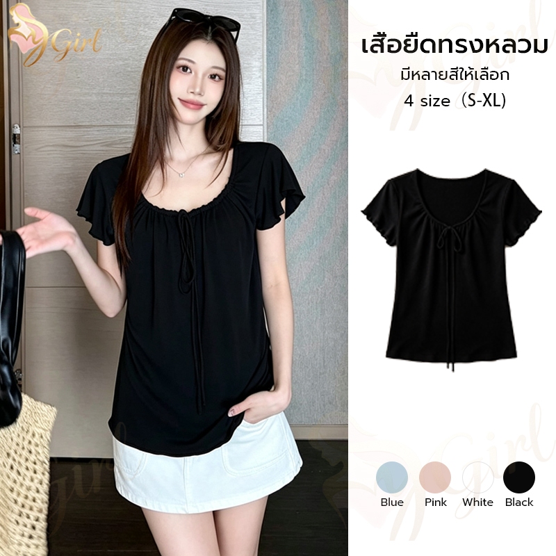 My Girl เสื้อยืดแขนสั้นผู้หญิงสไตล์เกาหลีวัยรุ่น ลูกไม้ขอบคอ โบว์ผูกหน้าอก กระชับสัดส่วนสลิม ผ้านุ่มระบายอากาศ ใส่ประจำ