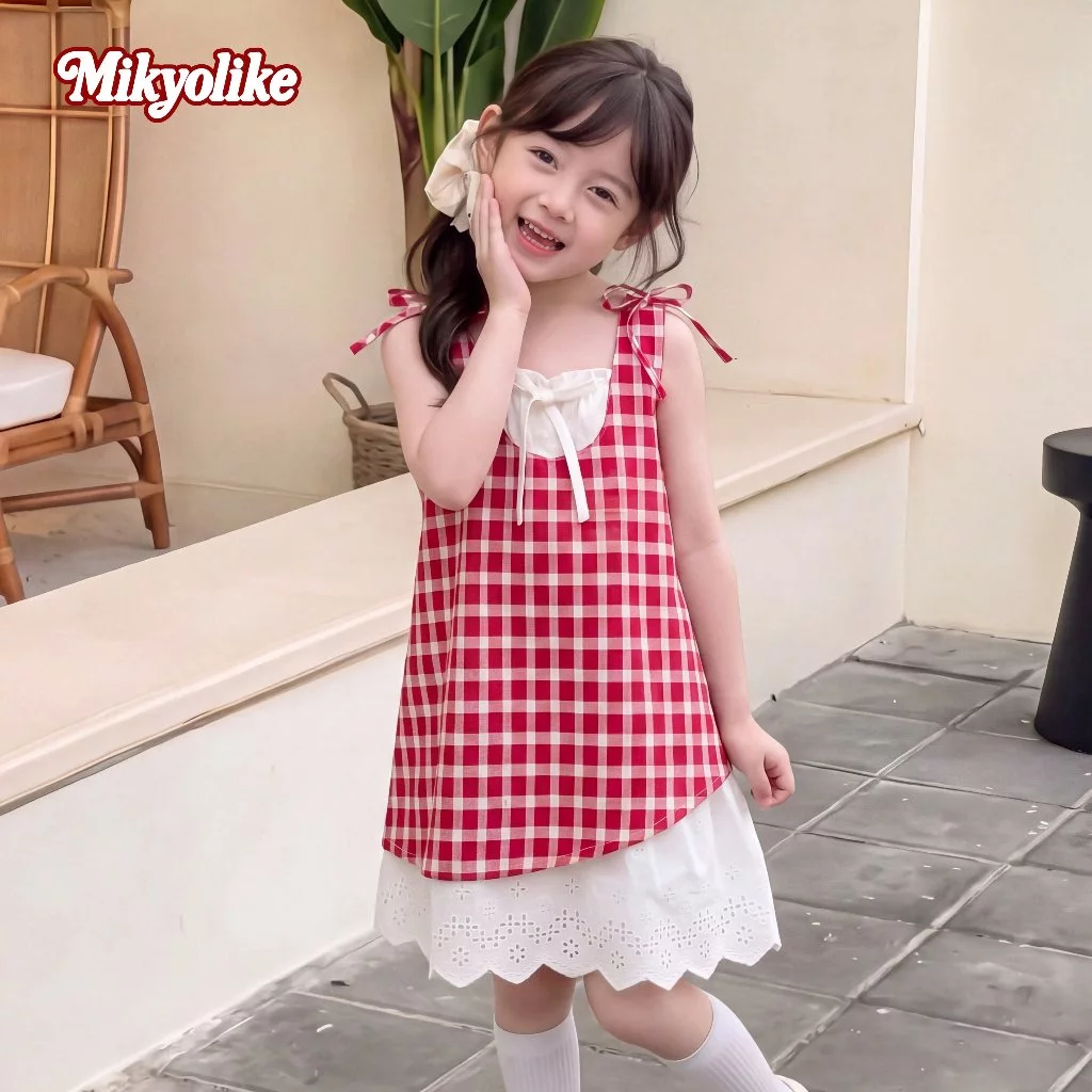 Mikyolike 1-12 ปี ชุดกระโปรงเด็กผู้หญิง สีแดงลายตาราง แขนกุด สาวเกาหลีฤดูร้อน กระโปรงสาวฤดูร้อน ผ้าหนุ่ม ใสสบาย