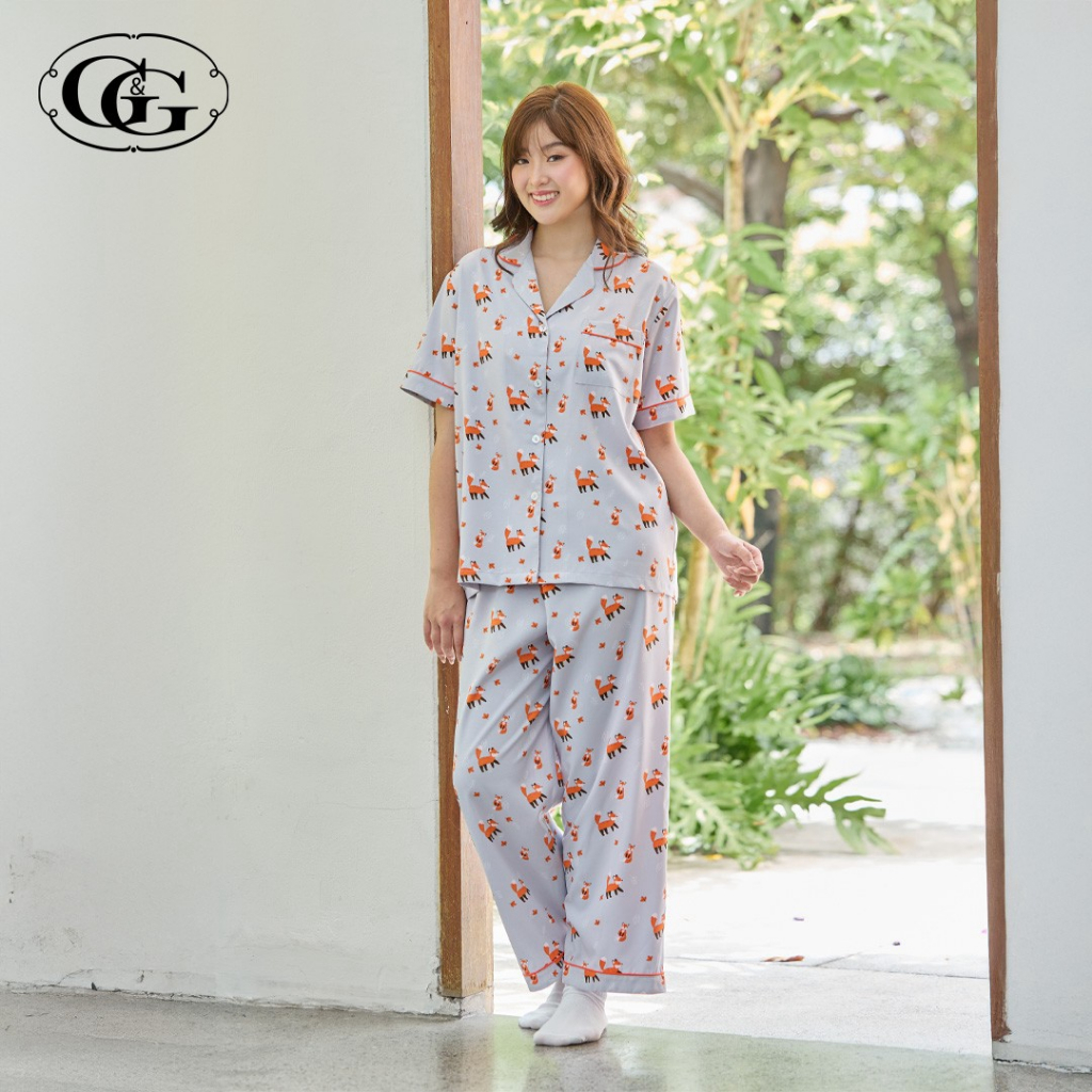 G&G ชุดนอน เสื้อแขนสั้นคอปก กางเกงขายาว ผ้าโพลีเอสเตอร์ Little Foxy Colection EN4P015