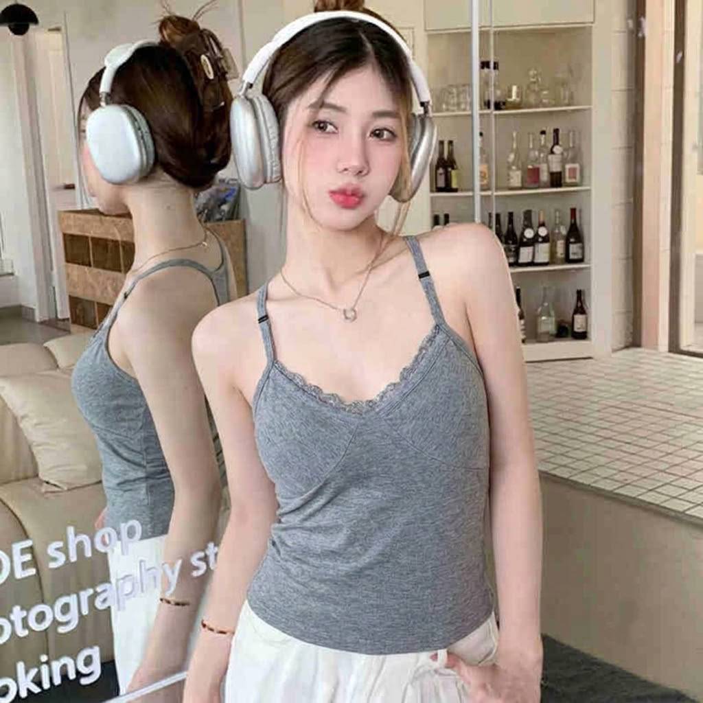 B-392 สายเดี่ยวขอบลูกไม้ ผ้านุ่มฟองน้ำถอดได้