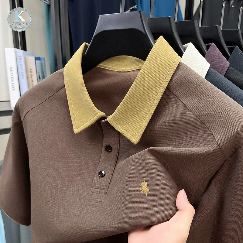kcloset - เสื้อโปโลผู้ชายคุณภาพดี ผ้าฝ้าย 280 กรัม สั้นแขน คอปก เนื้อผ้าหนา มีลายปักโลโก้