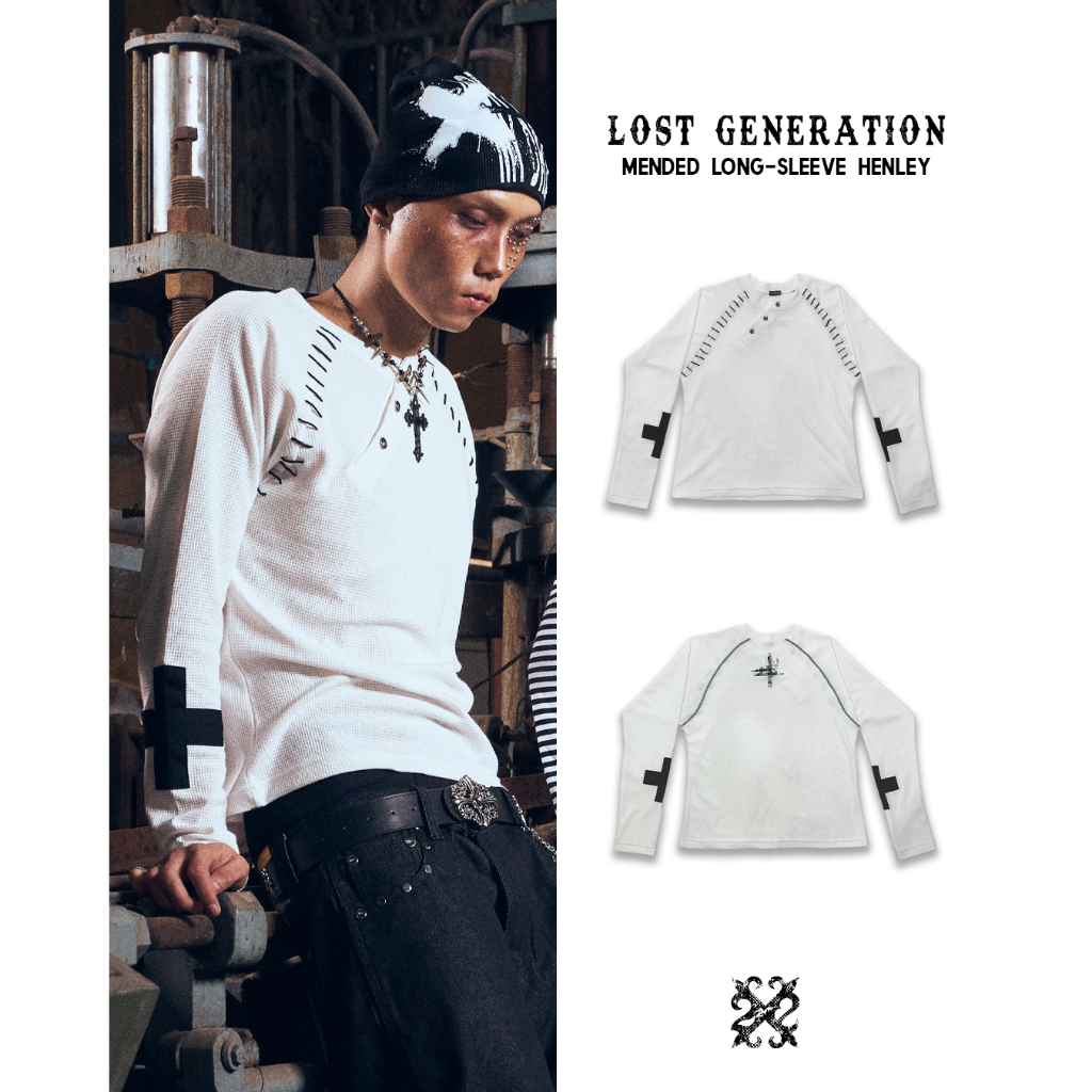 22wrldwidee Mended Long-Sleeve Henley เสื้อแขนยาววาฟเฟิล ดีเทลเย็บมือ ผ้า 230GSM ใส่แล้วโครตเท่ห์ (OC185)