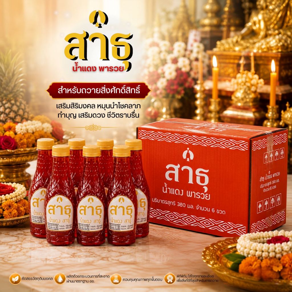 [6 ขวด] น้ำแดงถวาย น้ำแดงไหว้ น้ำแดงสาธุ สำหรับถวาย บูชา แก้บน SATHU Thailand