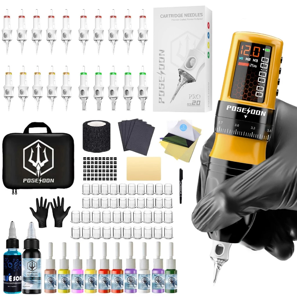 TATTOO Kit Poseidon Wireless รุ่น Bee honey ชุดสักไร้สาย สำหรับฝึกสัก อุปกรณ์ที่จำเป็นครบ พร้อมกระเป๋า