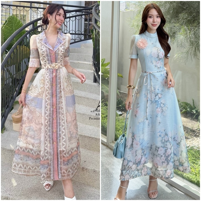 S-XXL เดรสพิมพ์ลาย สีพาสเทล เดรสออกงานหรู เดรสสวย เดรสวินเทจ old money