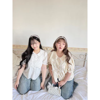 Chubbygirlbkk-Alice ribbon top₊˚⊹ᰔเสื้อเชิ้ตคอบัว แต่งริ้บบิ้น ผ้าคอตตอนฉลุ ผ้านุ่ม ใส่าบาย สาวอวบ