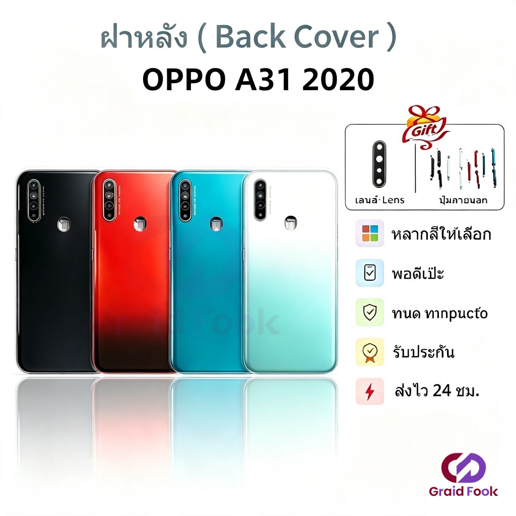 สินค้าที่เหมาะสำหรับOPPO A31 2020 หลังแบตเตอรี่ เครื่องหลัง ปิดเครื่องหลัง สินค้าเสริมสำหรับการซ่อม + กระจก + ปุ่มเสียง
