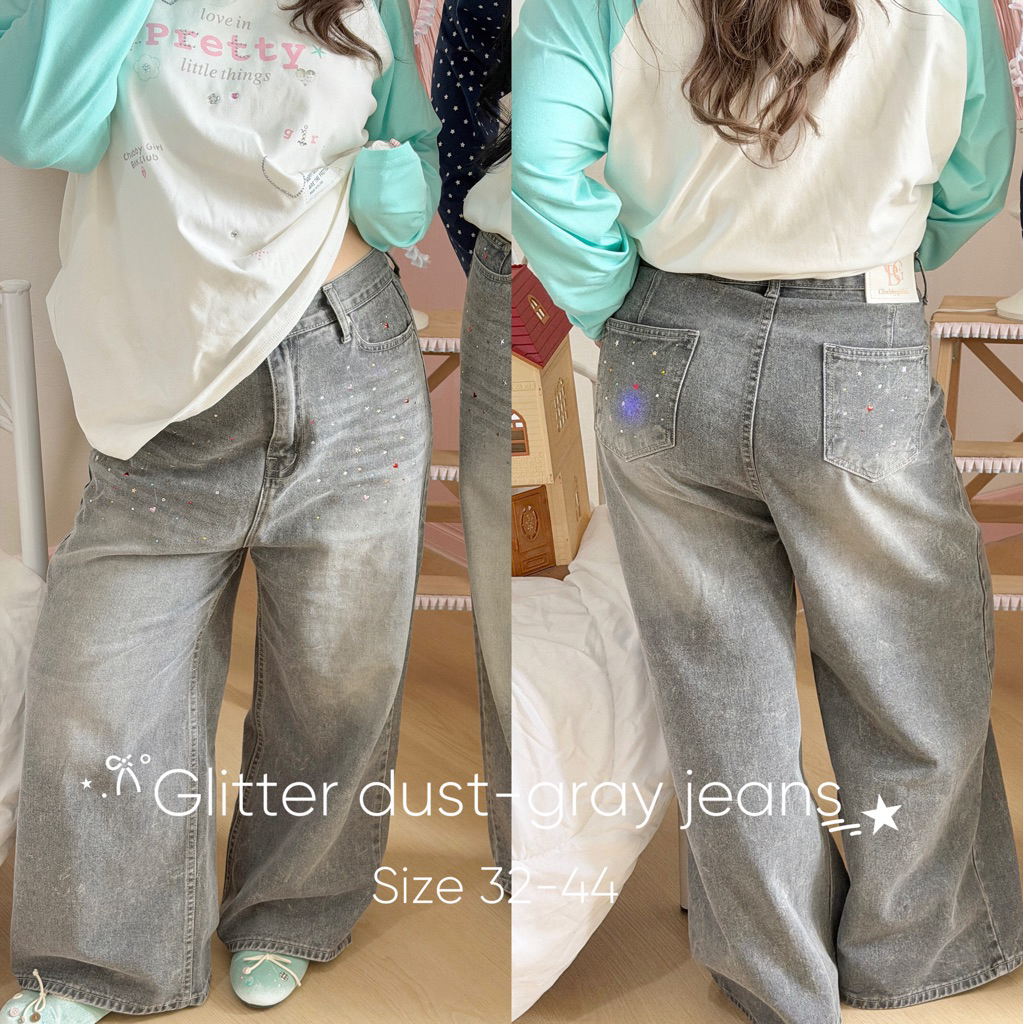 Chubbygirlbkk-Glitter Chubby Jeans🩶♪⋆.✮. ยีนส์เทา เพชรหัวใจดาวน่ารัก เอวสูงมาก สาวอวบต้องมี"คุ้มค่าการรอคอยแน่นอน