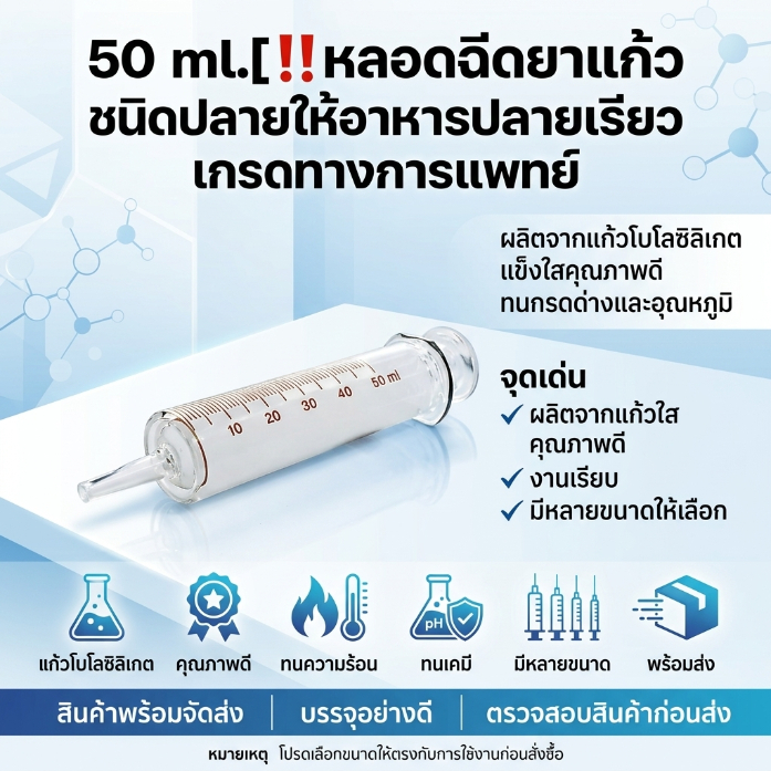 50 ml.[ หลอดฉีดยาแก้ว ชนิดปลายให้อาหารปลายเรียว เกรดทางการแพทย์ ( Glass Syringe )