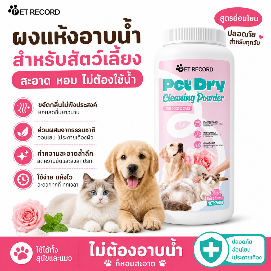 ไม่ต้องอาบน้ำก็หอมขนฟู แป้งอาบแห้งสัตว์เลี้ยง ขจัดกลิ่นเหม็นอับ บำรุงขนนุ่มสลวย ใช้ได้ทั้งหมาแมว ขนาด 260 กรัม