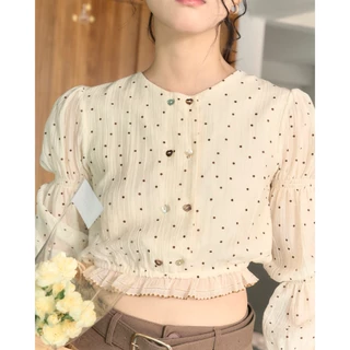 Kokiji - Mochi top เสื้อแขนยาวลายจุดสีครีมอ่อน