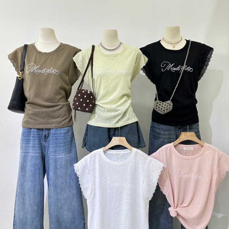 M2275 เสื้อยืดสไตล์เกาหลี ดีเทลปักลายกลางอก เพิ่มความหวานด้วยการแต่งแขนลูกไม้ฉลุสวย ๆ ทรงใส่สบาย