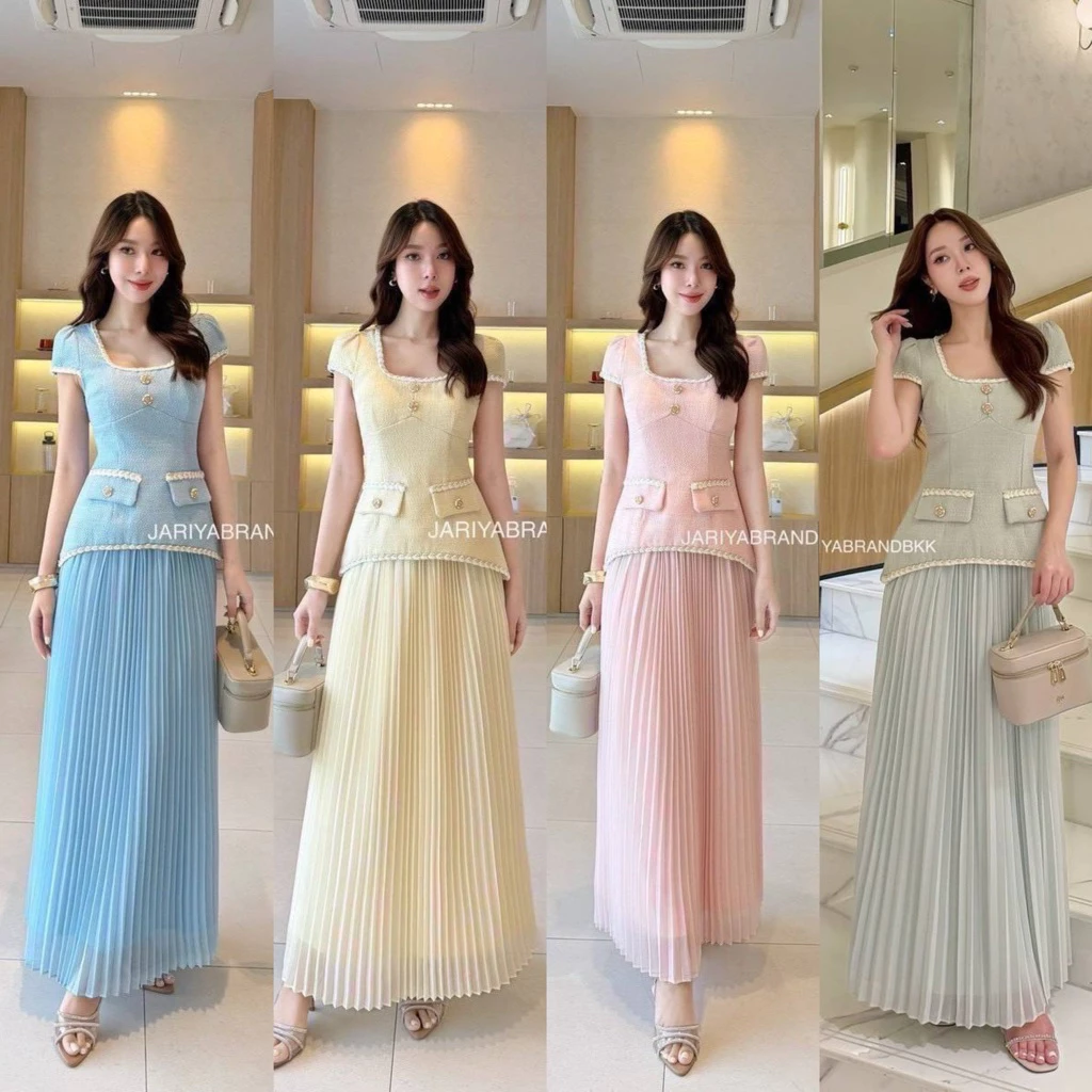 D6 งานป้าย Jariya Set ชุดเซ็ท 2 ชิ้น เสื้อ กระโปรงยาวอัดพลีท สำหรับผู้หญิง เสื้อผ้าแฟชั่นผู้หญิง ไซส์ S-XL