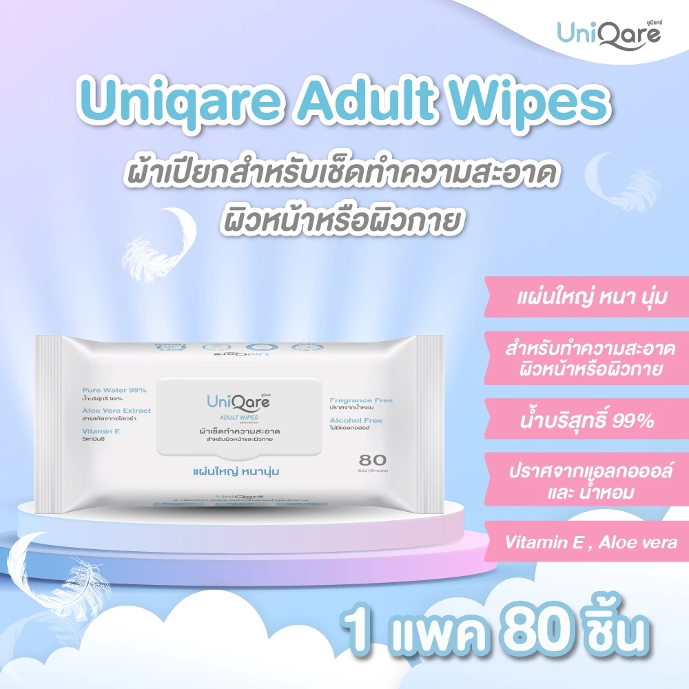 (1แพ็ก) ผ้าเปียกเช็ดทำความสะอาดผิวหน้าและผิวกายสำหรับผู้ใหญ่ ทิชชู่เปียก ขนาดใหญ่พิเศษ80ชิ้น/แพ็ก ยูนิแคร์ อะดัลต์ไวพส์