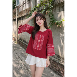 เสื้อแขนกระดิ่ง ระบายแขน -ร่นลายช้าง