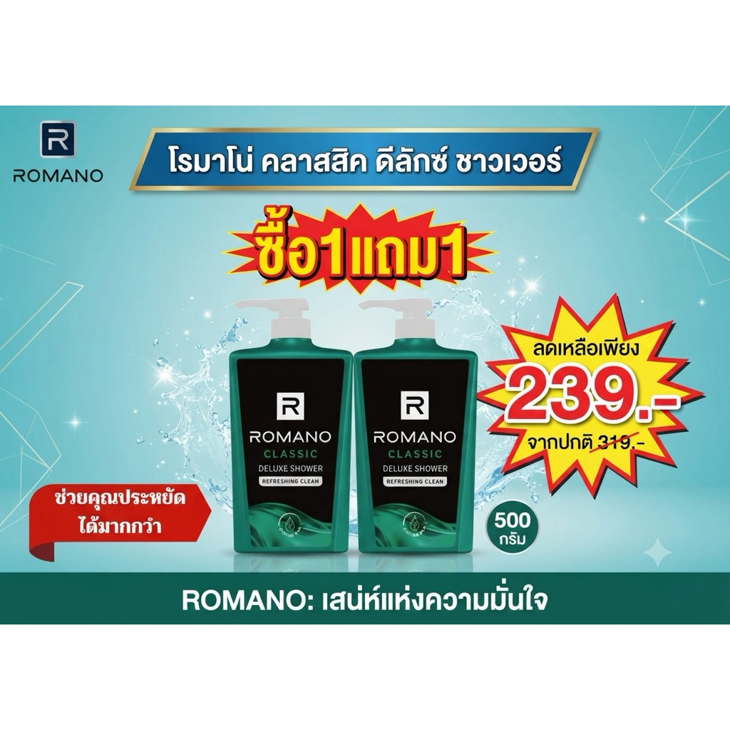 [ 1แถม1 ] Romano โรมาโน่ ดีลักซ์ ชาวเวอร์ เจลอาบน้ำ ขนาด 500 กรัม (1ขวด) มี 4 สูตร