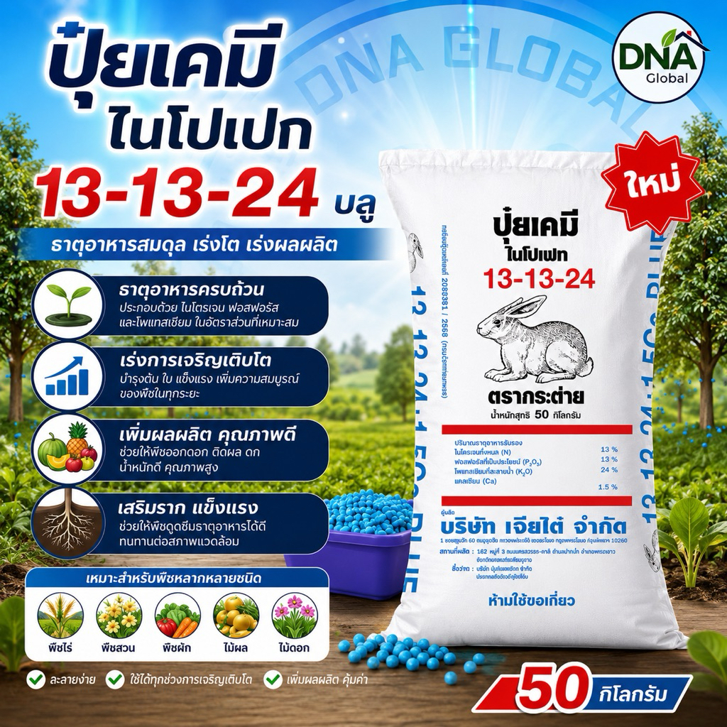 13-13-24 กระต่ายบลู ปุ๋ยเม็ดฟ้า  ปุ๋ยเร่งดอก สะสมตาดอก ติดดอกติดผลเยอะ ลดการหลุดร่วงของดอก พืชผัก ผลไม้ต่างๆ