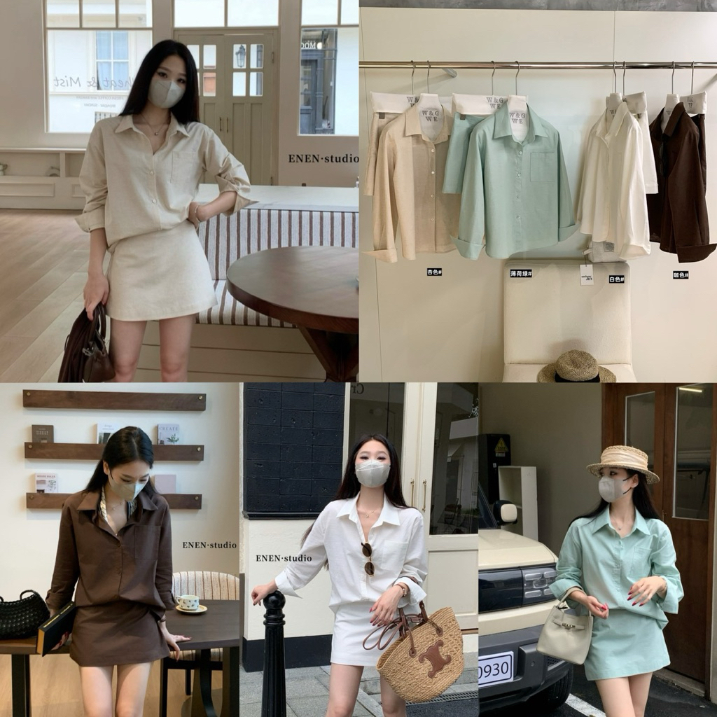 10686# set 2 pcs เสื้อเชิ้ตแขนยาว + กระโปรงสั้น มีซับใน งานซิปข้างเนื้อผ้า ทรงสวย TAG:WG.WE