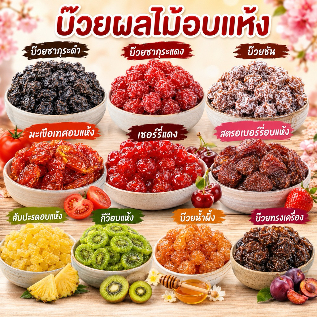 ผลไม้อบแห้ง บ๊วยรวม บ๊วยซากุระ บ๊วยห้ารส เชอรี่แดงแช่อิ่ม มะเขือเทศอบแห้ง กีวี่อบแห้ง สัปปะรดอบแห้ง‼️