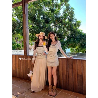 B713 | เสื้อคอเดรปแขนยาว + สายเดี่ยวลูกไม้ในตัว เสื้อทรงเข้ารูป คอเดรปทิ้งตัวเป็นชั้นๆ ช่วยให้ช่วงค