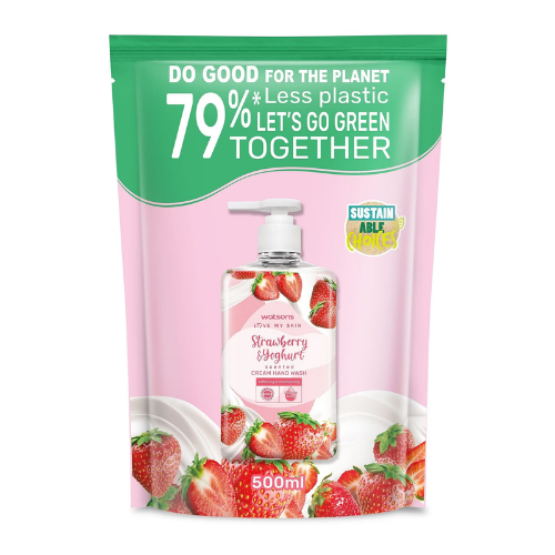 WATSONS วัตสัน สบู่เหลวล้างมือ เลิฟ มาย สกิน สตรอว์เบอร์รี่ แอนด์ โยเกิร์ต เซ็นทิด ครีม แฮนด์ วอช 500 มล.( รีฟิว )