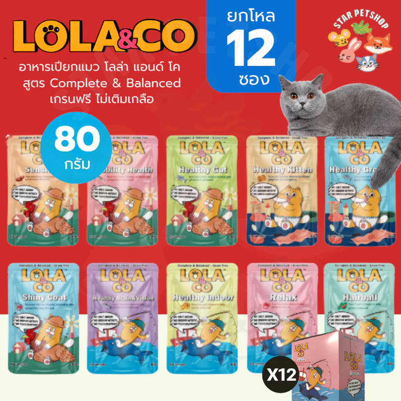 Lola&Co อาหารเปียกแมว โลล่าแอนด์โค สูตร Complete & Balanced เกรนฟรี ไม่เติมเกลือ ขนาด 80 กรัม*12ซอง