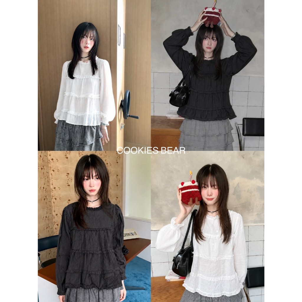 C02 - เสื้อแขนยาวคอระบาย จั้มปลายแขน กระดุมหลัง