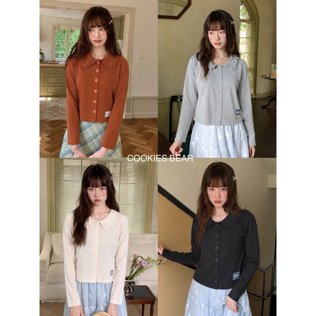 C01  - Cookies Bear 🫧 เสื้อแขนยาวคอระบาย กระดุมหน้า ผ้านิ่ม สกีนป้ายcookies