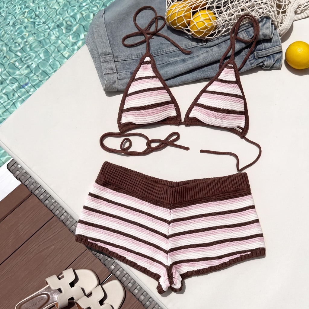 ชุดไปทะเล bikini ลายทางสไตล์เรโทร ดีไซน์เอวสูง โทนสีชมพูและน้ำตาล ทันสมัย ins ชุดว่ายน้ำหญิง