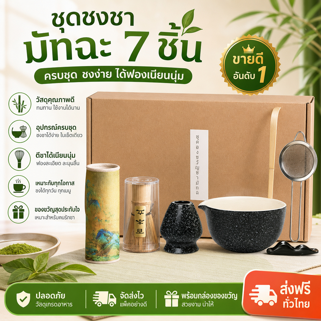 ชุดชามมัทฉะ 7 ชิ้น ถ้วยชงชาเขียวมัทฉะ สไตล์ญี่ปุ่น พร้อมแปรงชงชา แท่นวางแปรง ช้อนตักมัทฉะ อุปกรณ์ชงชา ถ้วยชา Matcha Set