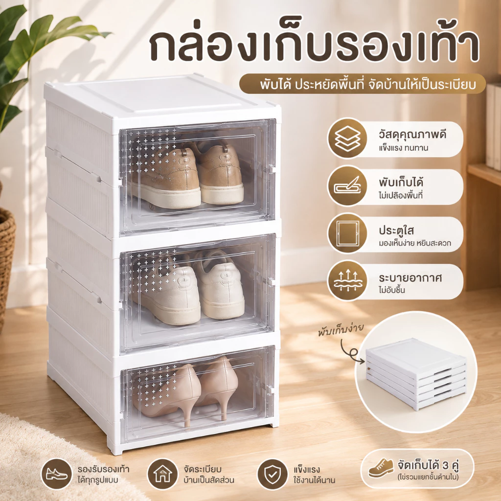 HHsociety กล่องรองเท้า กล่องรองเท้าพับได้ 3 ชั้น ฝาหน้า ไม่ต้องประกอบ ชั้นรองเท้า รุ่น DF