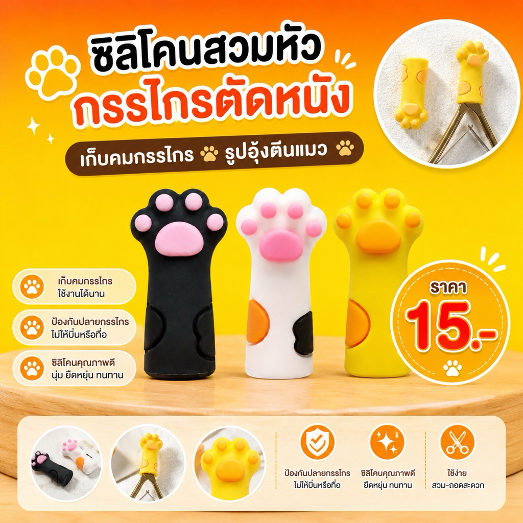 ซิลิโคนสวมหัวกรรไกรตัดหนัง เก็บคมกรรไกร #รูปอุ้งตีนแมวมี 3 สีให้เลือกสุดน่ารัก Cat Silicone Scissor Tip Cover (3 Color)