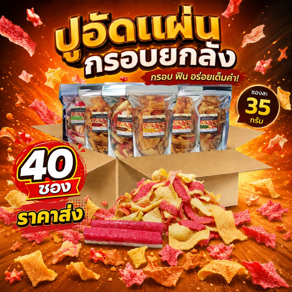 (ราคาส่ง) ปูอัดแผ่นทอดกรอบ ยกลัง 40 ซอง ขนาด 35 กรัม ไม่มีผงชูรส