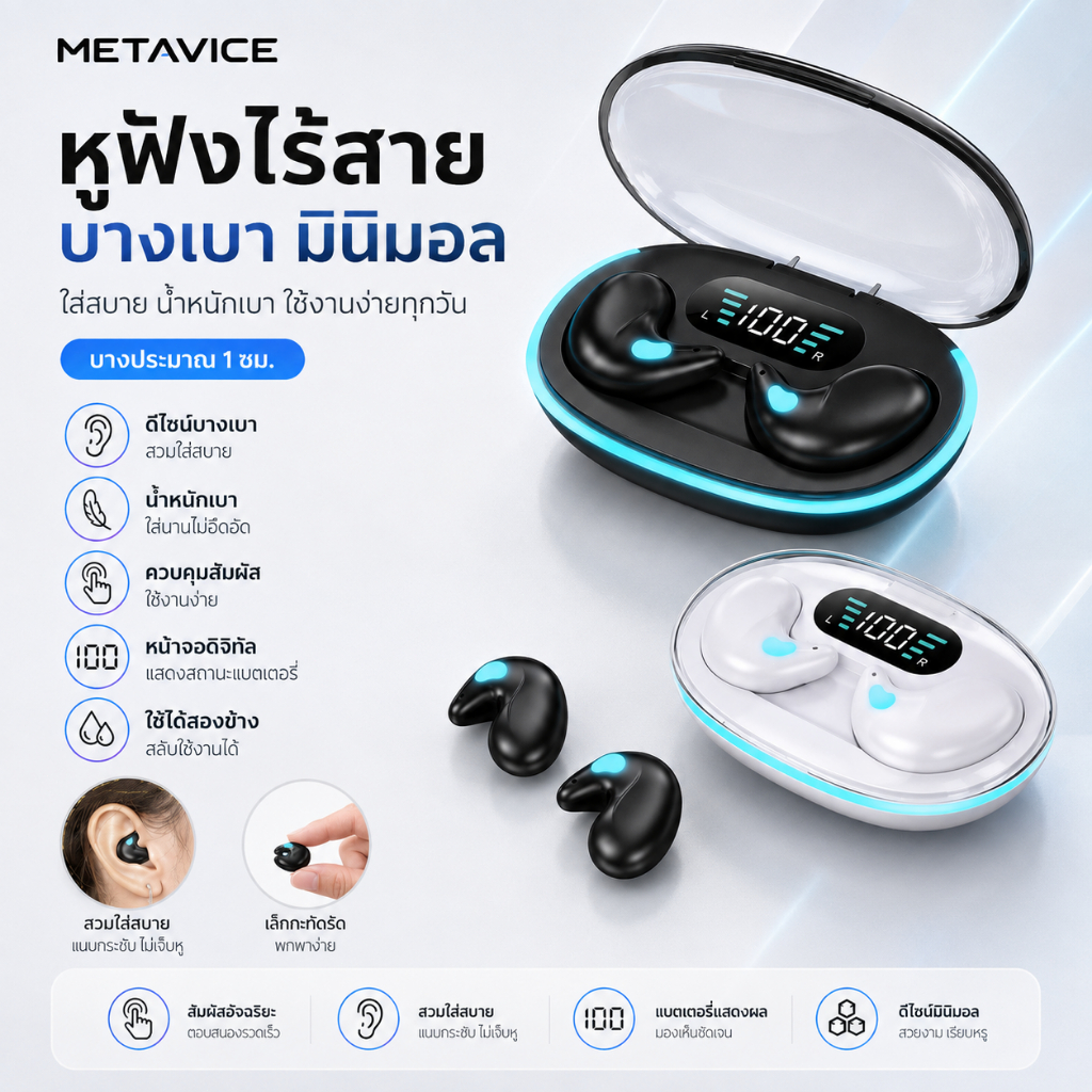 Metavice หูฟังบลูทูธไร้สาย TWS Bluetooth 5.3 LED ดิจิตอล กันน้ำ เบสแน่น ชาร์จไว Type-C หูฟังเกมมิ่ง ME206