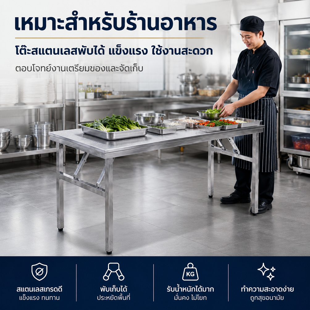 โต๊ะสแตนเลสพับได้ โต๊ะอเนกประสงค์ แข็งแรง ทำความสะอาดง่าย ประหยัดพื้นที่ สำหรับครัว ร้านอาหาร ร้านค้า ตลาดนัด มี 5 ขนาด
