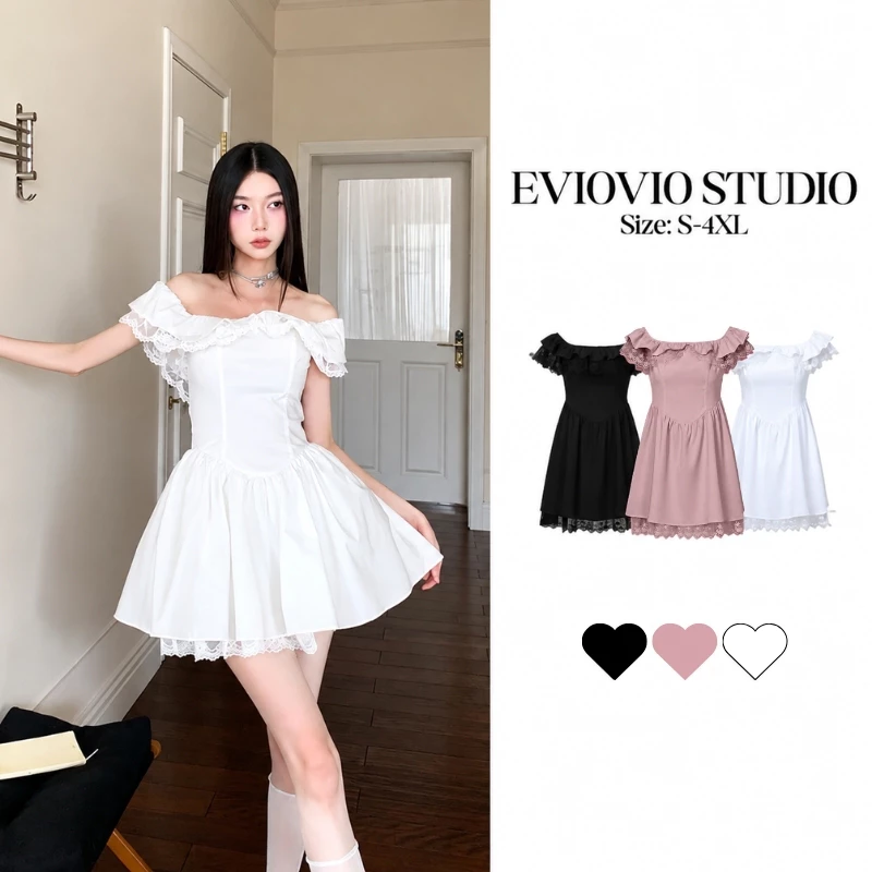 S-4XL【EVIOVIO】 เดรสลูกไม้ระบาย เปิดไหล่ พรางต้นแขน สไตล์เกาหลี สาวอวบ เสื้อผ้าผู้หญิง ชุดใส่ไปทำงาน พร้อมส่งในไทย✨