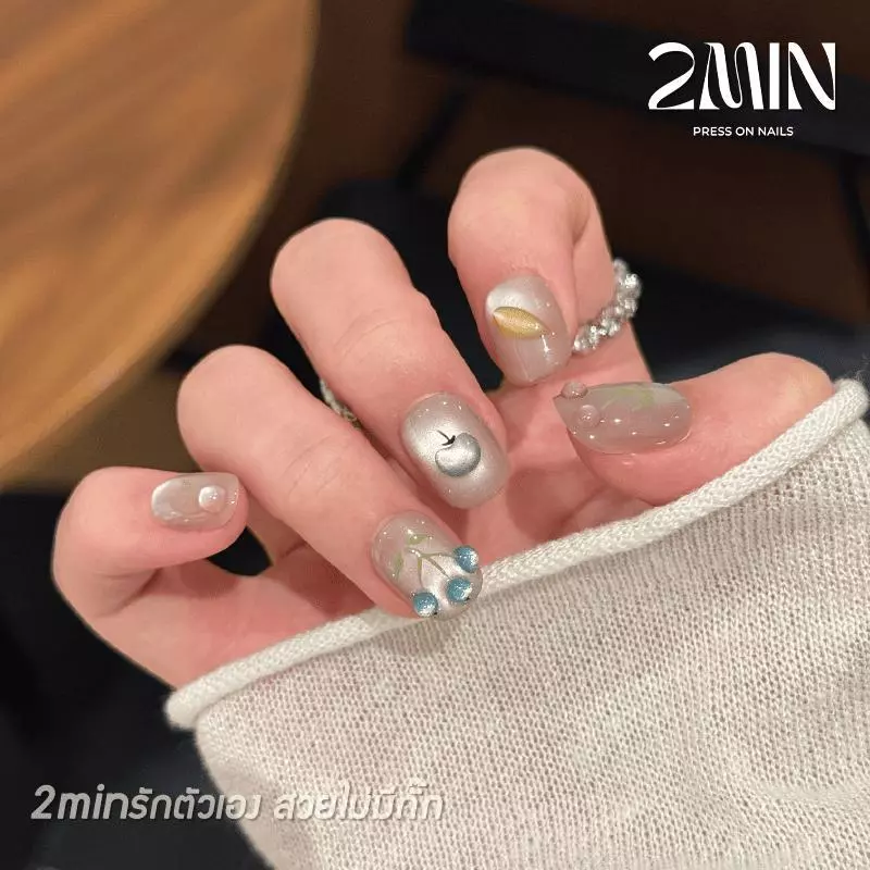 2minงานใหม่ เล็บปลอมสําเร็จรูป ทำด้วยมือ 10 ชิ้น/กล่อง แฮนด์เมด100% ลูกแก้วใส ลายผลไม้ สุดCute สวมง่าย ใช้ซ้ำได้