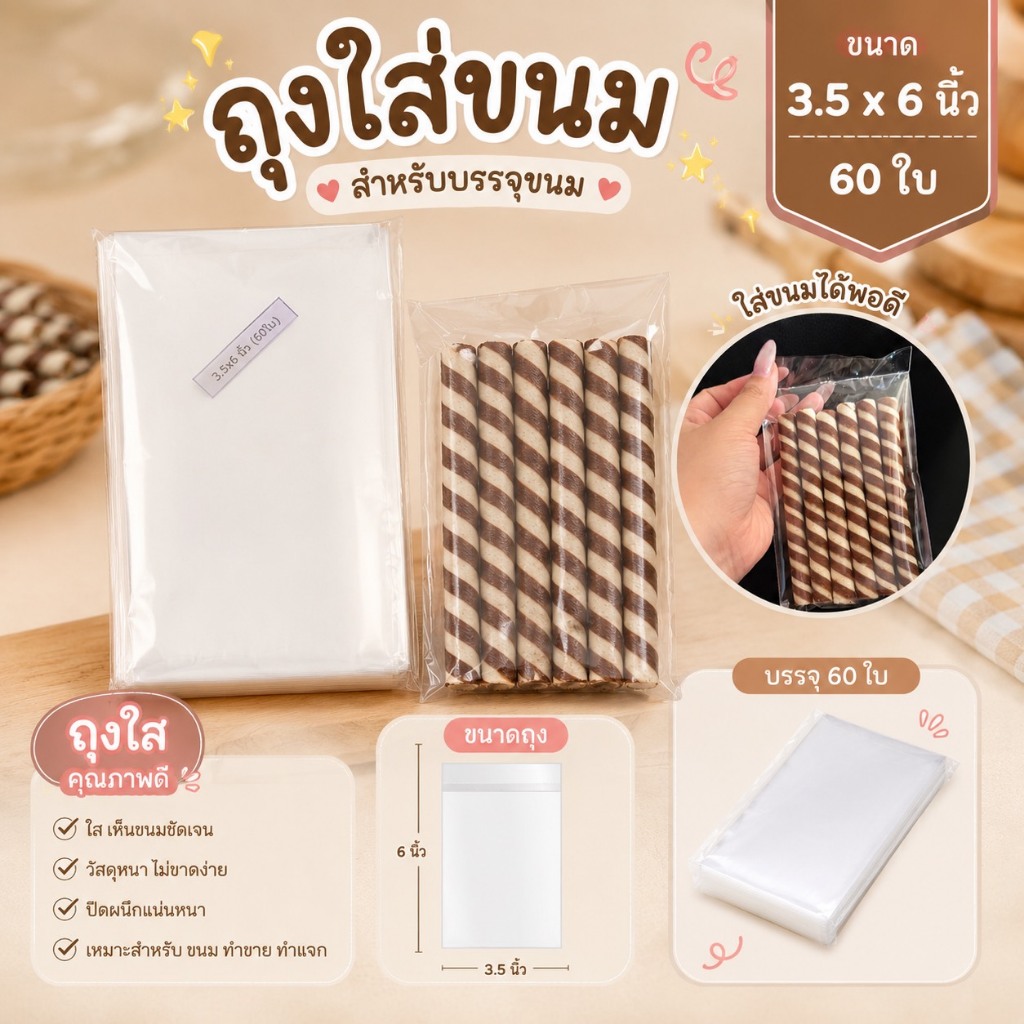 ถุงแก้วใส่ขนมเวเฟอร์โรล ถุงใส่ขนมเวเฟอร์สติ๊ก 3.5x6นิ้ว(60ใบ) ใส่สติ๊ก6เเท่ง 2.5x7นิ้ว(55ใบ) ใส่สติ๊กเเท่งเล็ก