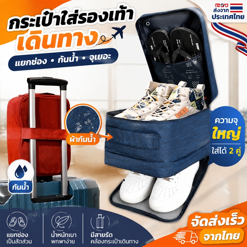 กระเป๋าใส่รองเท้า ความจุเก็บรองเท้าได้ 3 คู่ ช่วยจัดระเบียบสิ่งของ พกพาสะดวก เหมาะสำหรับออกเดินทางท่องเที่ยว