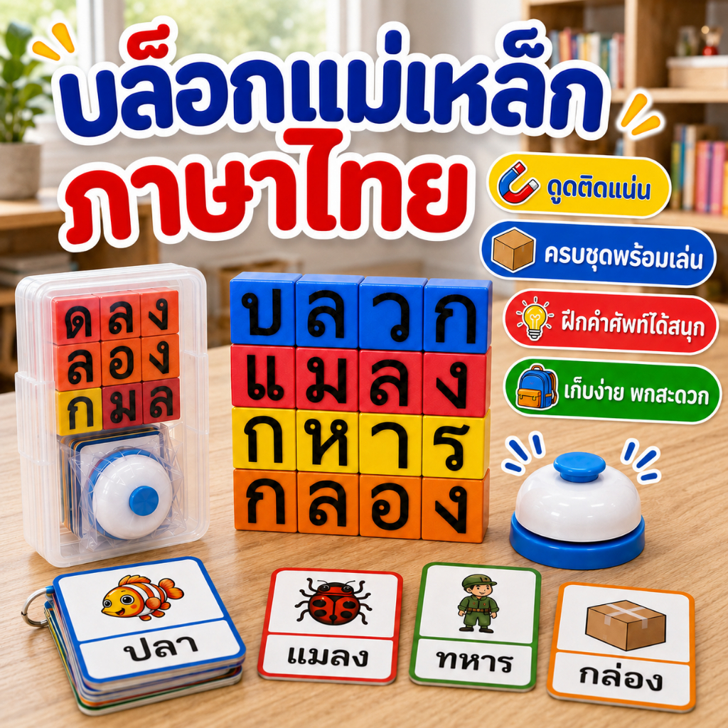 ตัวอักษรไทยแม่เหล็ก ของเล่นเสริมพัฒนาการเด็ก ชุดฝึกคำศัพท์ภาษาไทย จับคู่ภาพ-คำ บล็อกแม่เหล็ก พร้อมการ์ดและกระดิ่ง