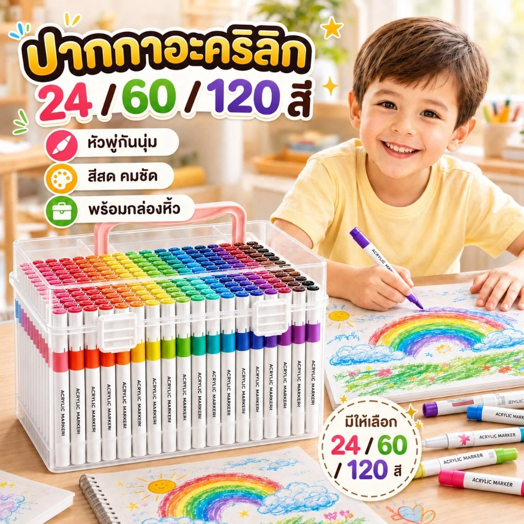 KiKi ปากกาอะคริลิก 24/60/120 สี ปากกามาร์กเกอร์อะคริลิค พร้อมกล่องหิ้ว หัวพู่กันนุ่ม สำหรับวาดภาพ DIY