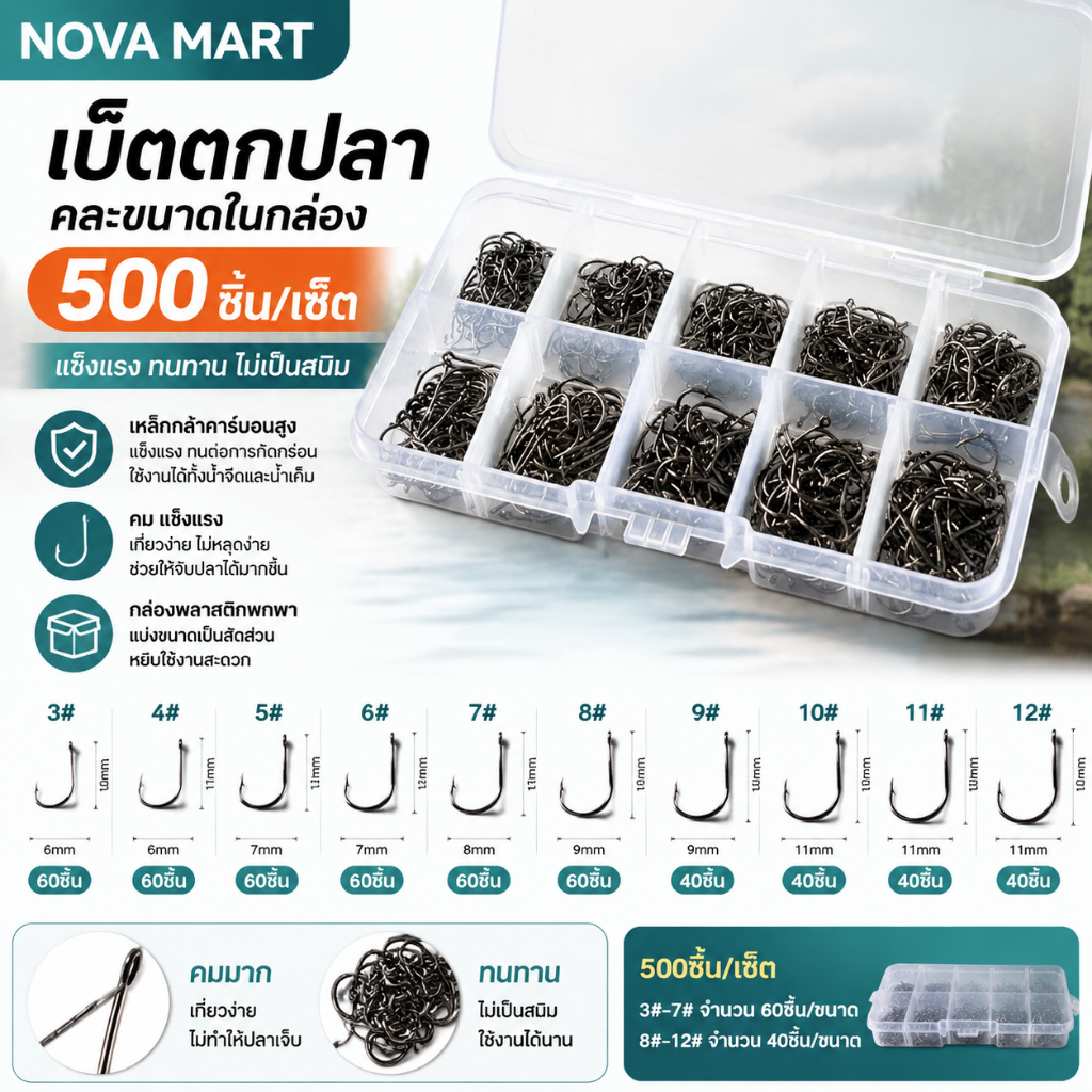 Nova mart 500ชิ้น/เซ็ตเบ็ดตกปลา3 #-12 # ตะขอตกปลาเหล็กคาร์บอนสีดำพร้อมกล่องขายปลีกคละขนาดเบ็ดเบ็ดเบ็ดตกปลาอุปกรณ์เสริม