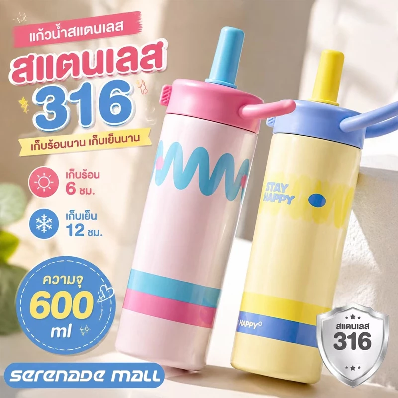 แก้วน้าฟางสแตนเลส 316 (20oz/600ml) แก้ว แก้วน้ำเก็บความเย็น พร้อมหลอด แก้วน้ำ ฝาปิดแบบถือได้ T01325