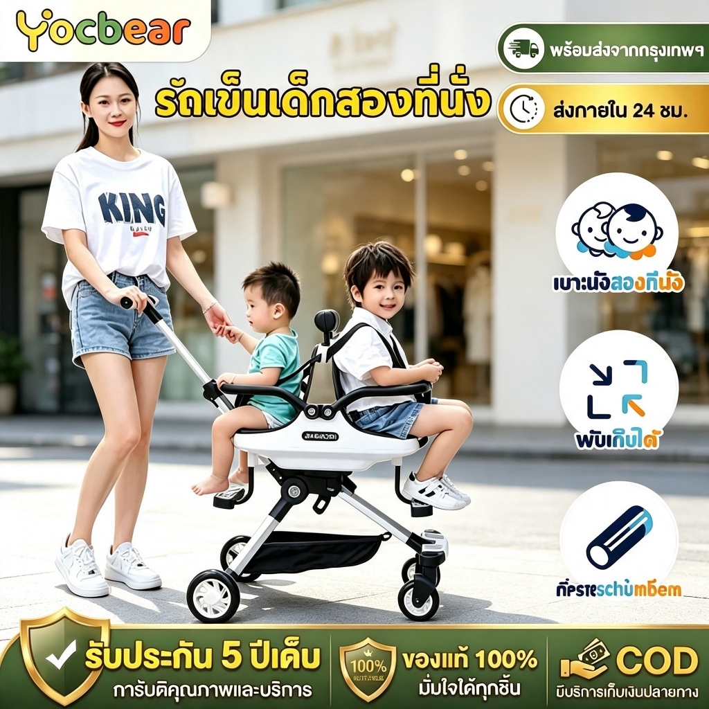 Yocbear รถเข็นเด็กแฝด รถเข็นพี่น้อง 2 ที่นั่ง รับน้ำหนัก 100 กก สำหรับเด็ก 6 เดือน - 6 ปี