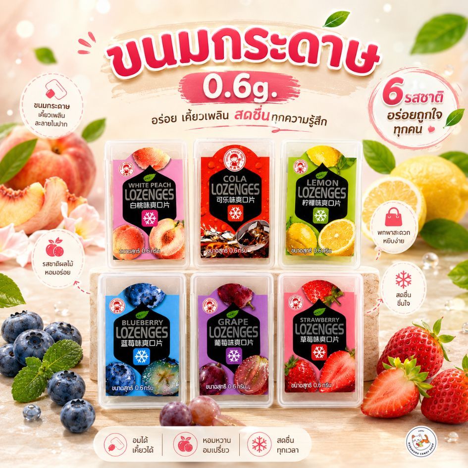 ขนมกระดาษกลิ่นผลไม้เคี้ยวสนุก 6 รสชาติ ขนาด 1 กล่องขนาด 0.6 กรัม รสผลไม้ อร่อย,กินเพลิน,ละลายในปาก