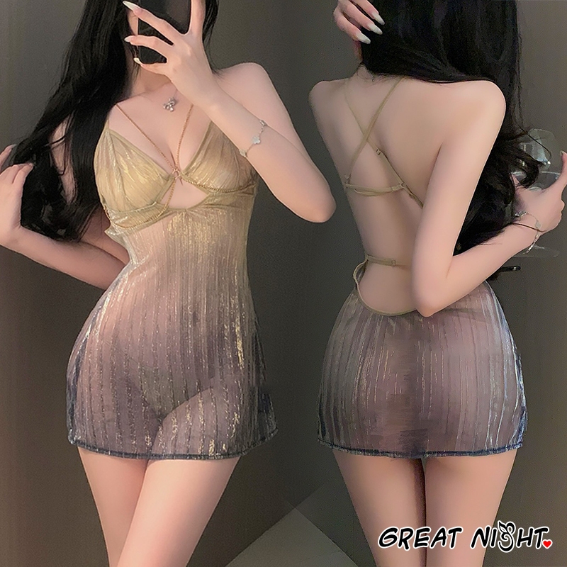 Great Night สีไล่ระดับ ชุดอยู่บ้าน เซ็กซี่sexy สายสะพายไหล่ปรับได้ ชุดเดรสสลิป คอวีลึก เว้าหลัง ตาข่าย ระบายอากาศ