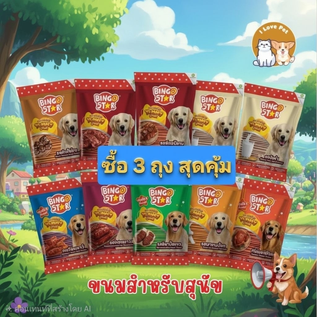 (โปร3ถุง)Bingo Star Yummy บิงโกสตาร์ ขนมสุนัข แท่งนิ่ม ขนาด 500 g.