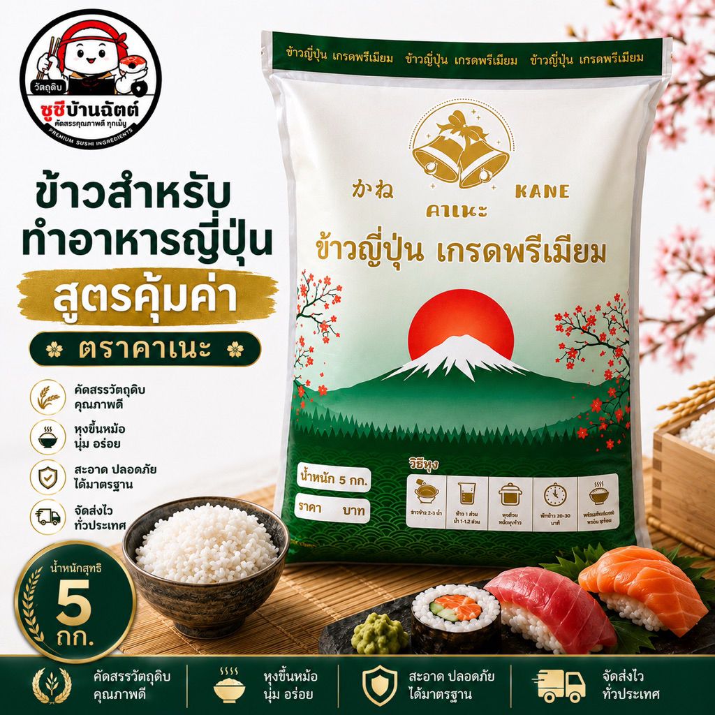 ข้าวญี่ปุ่น คาเนะ KANE 5 กก. สูตรคุ้มค่า สำหรับทำซูชิ ข้าวปั้น โอนิกิริ ข้าวด้ง อาหารญี่ปุ่น